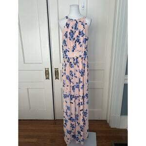 white christmas dresses Floral Linen Maxi Dress - Pleated Waist, Elbow Sleeves main image 1